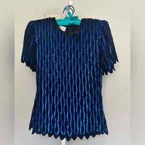 Beautiful VTG Stenay black blue beaded & sequin top - size petit/small